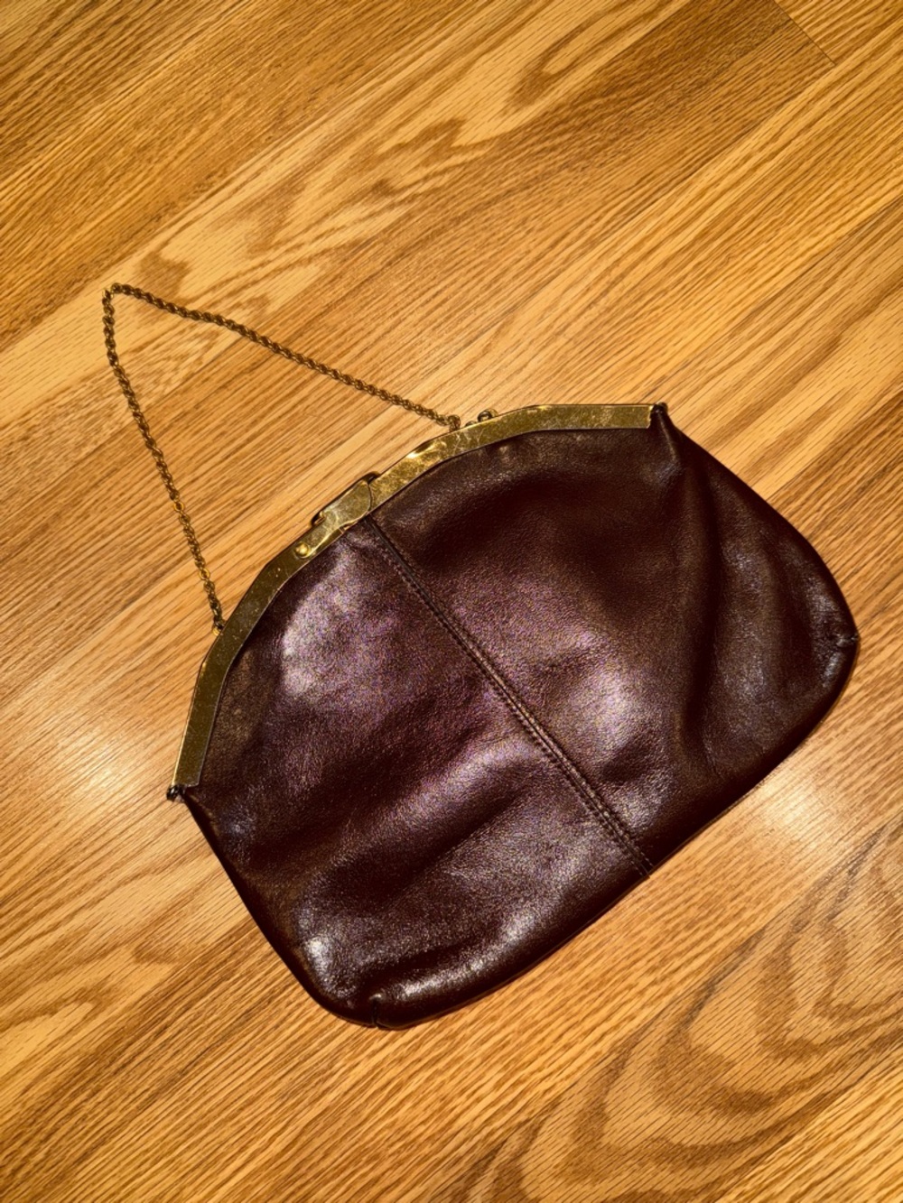 Vintage‎ 1980s Brown Leather Clutch with gold tone Chain Strap